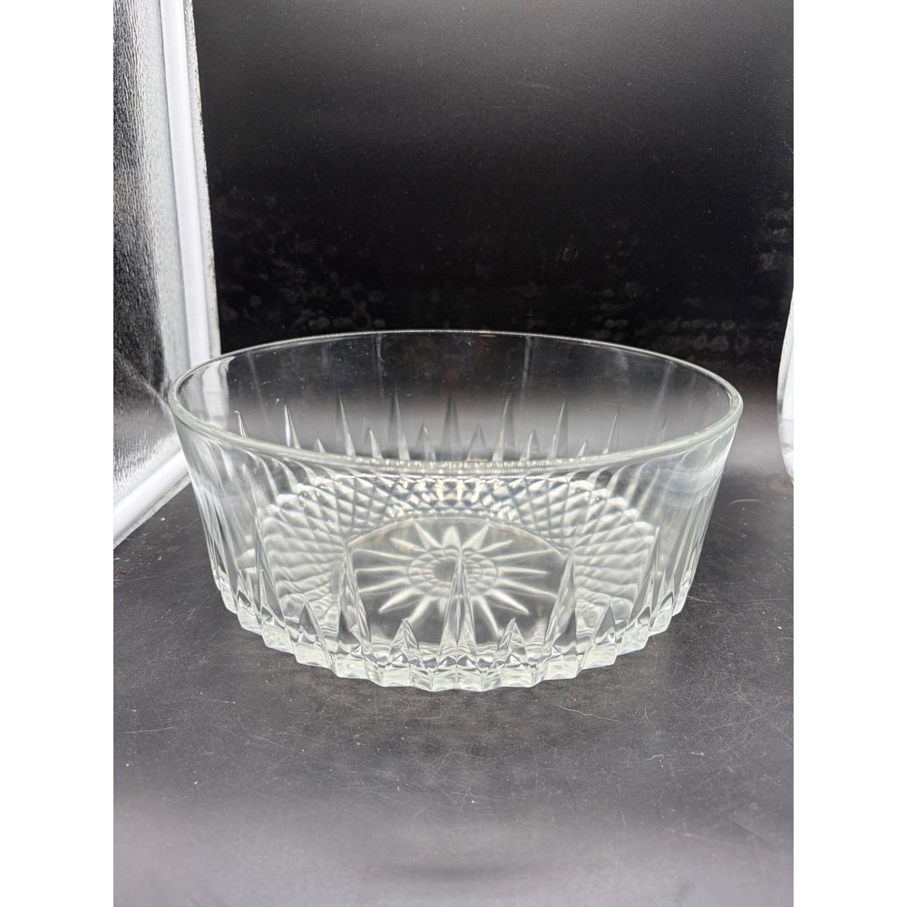 Vintage Clear Pressed Glass Starburst Diamond Cut Serving Bowl Centerpiece 8.5in